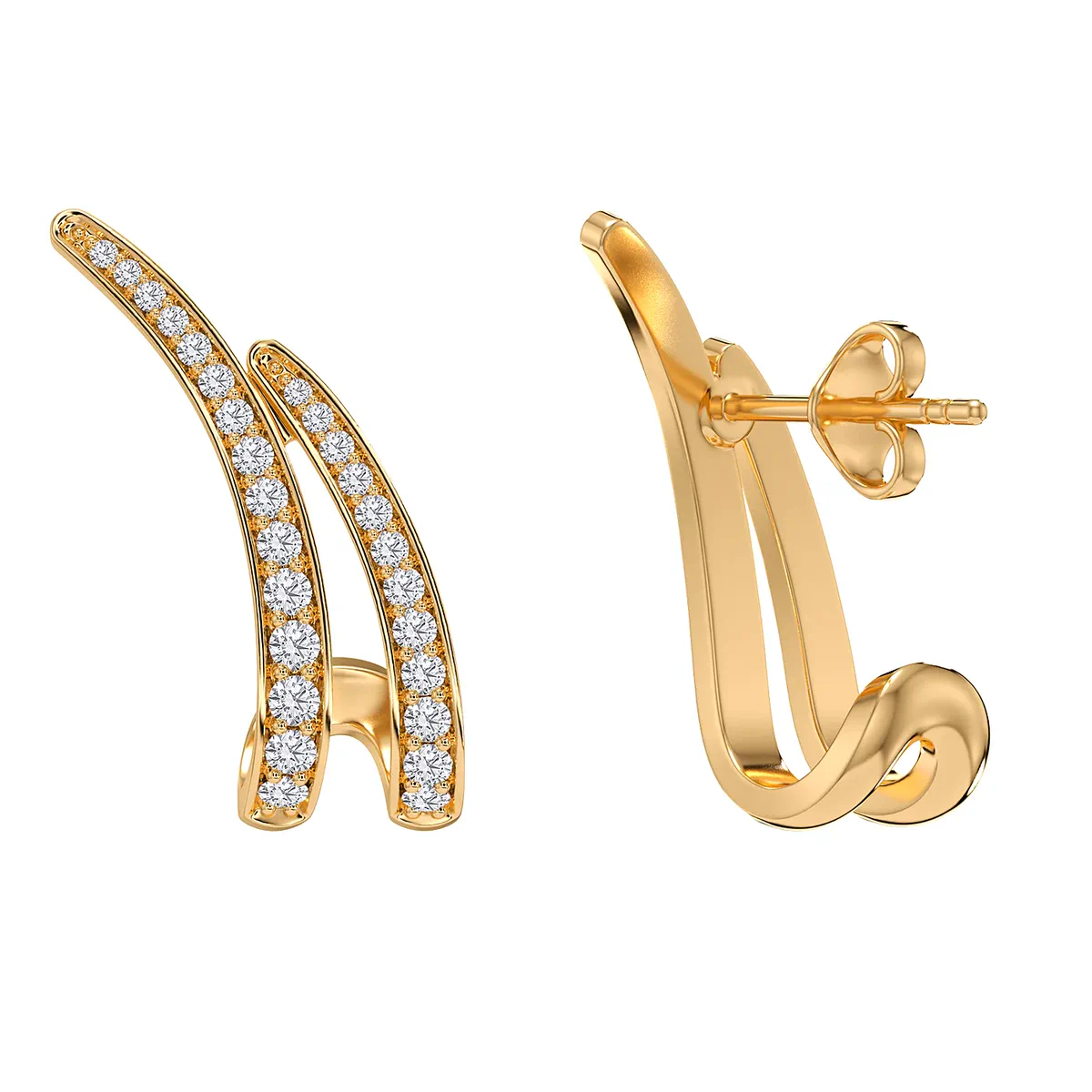 Twin line J-hoop earrings in yellow gold, detail view