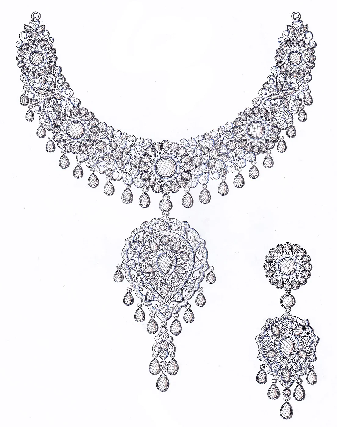 Diamond Bridal Set manual jewellery sketch