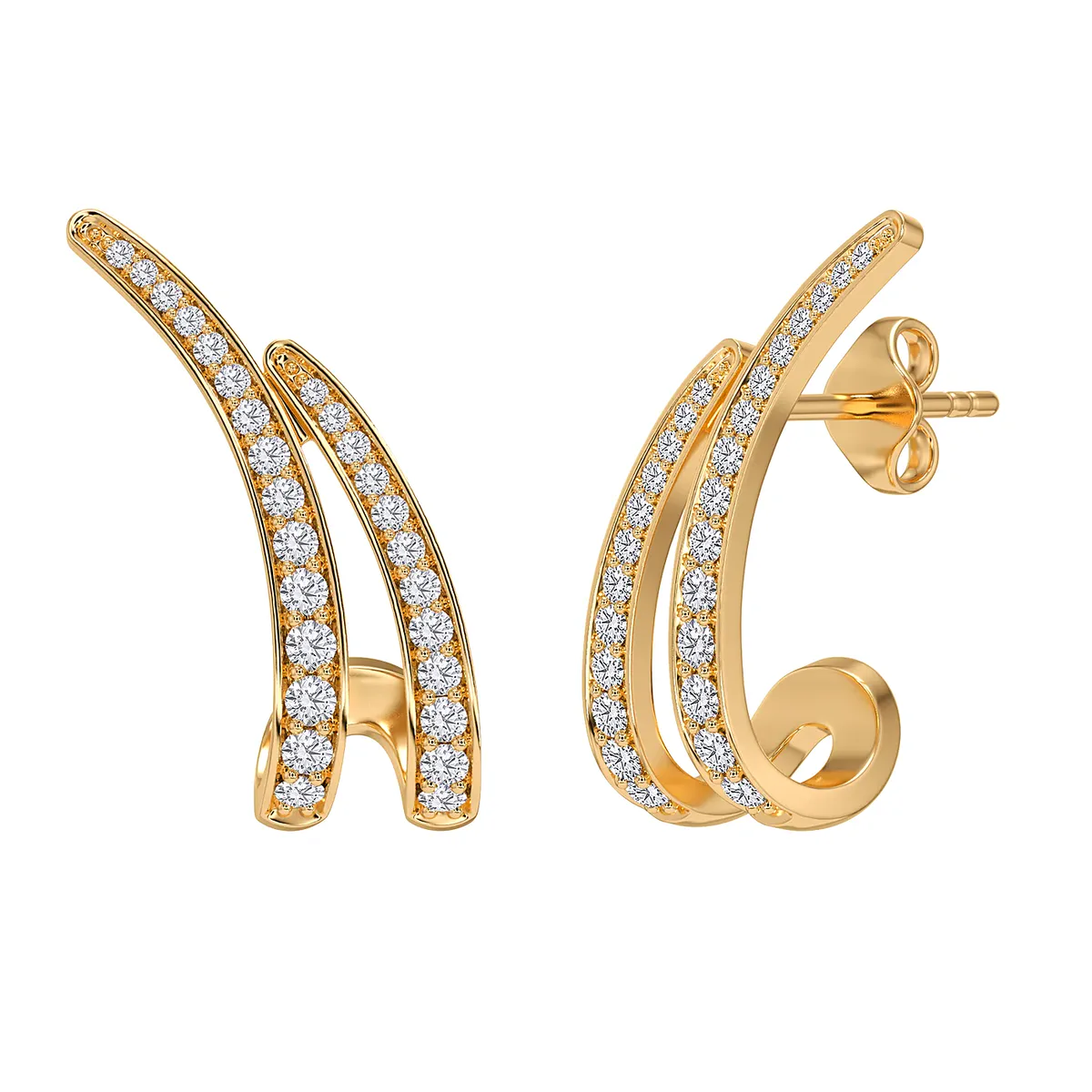 Twin line J-hoop earrings in yellow gold, side view
