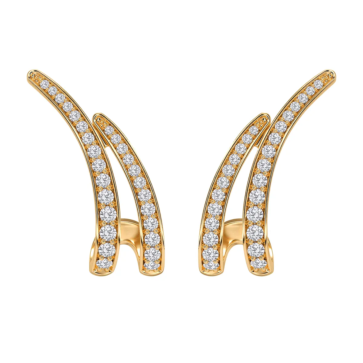 Twin line J-hoop earrings in yellow gold, front view