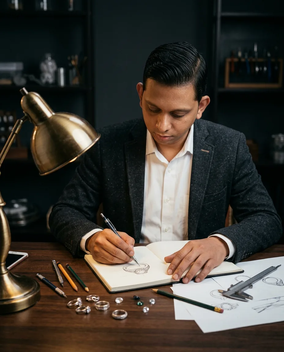 Laltu Dhanaki sketching jewellery at his workbench