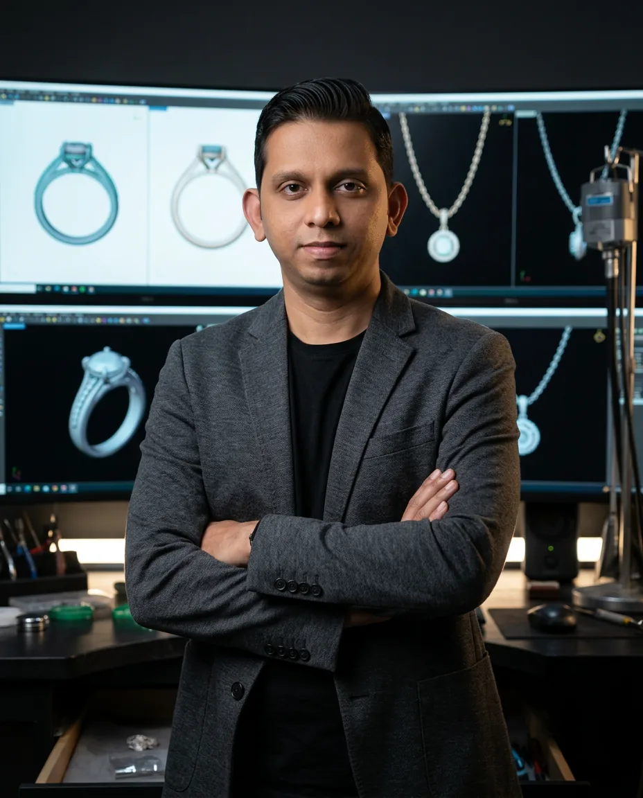 Laltu Dhanaki in his design studio with CAD workstations