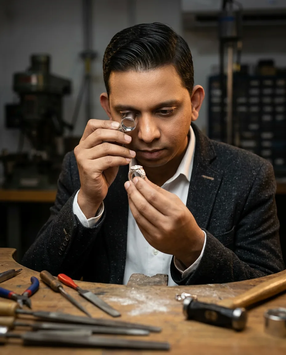 Examining a piece with a jeweller's loupe in the workshop