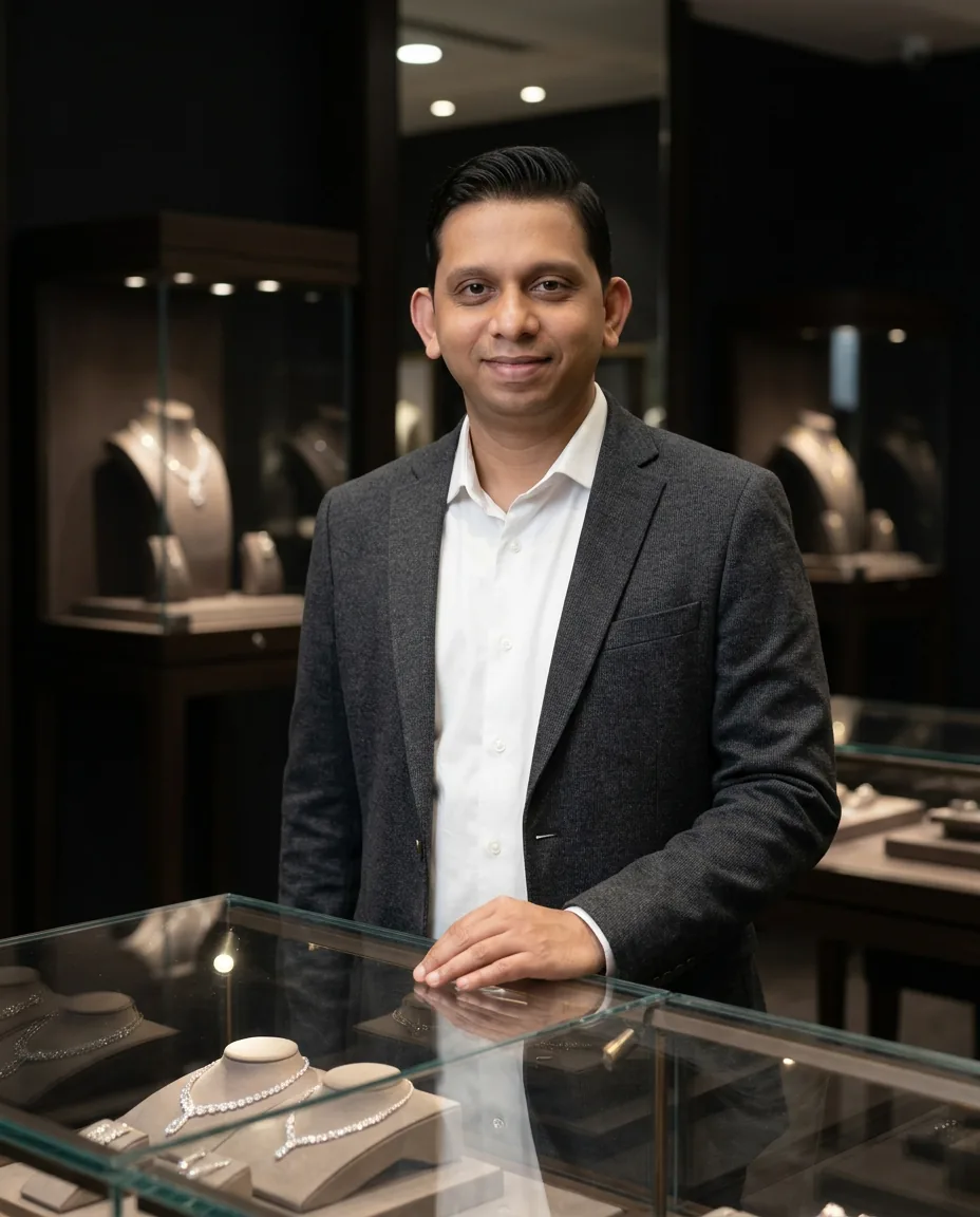 At the showroom display case reviewing finished pieces