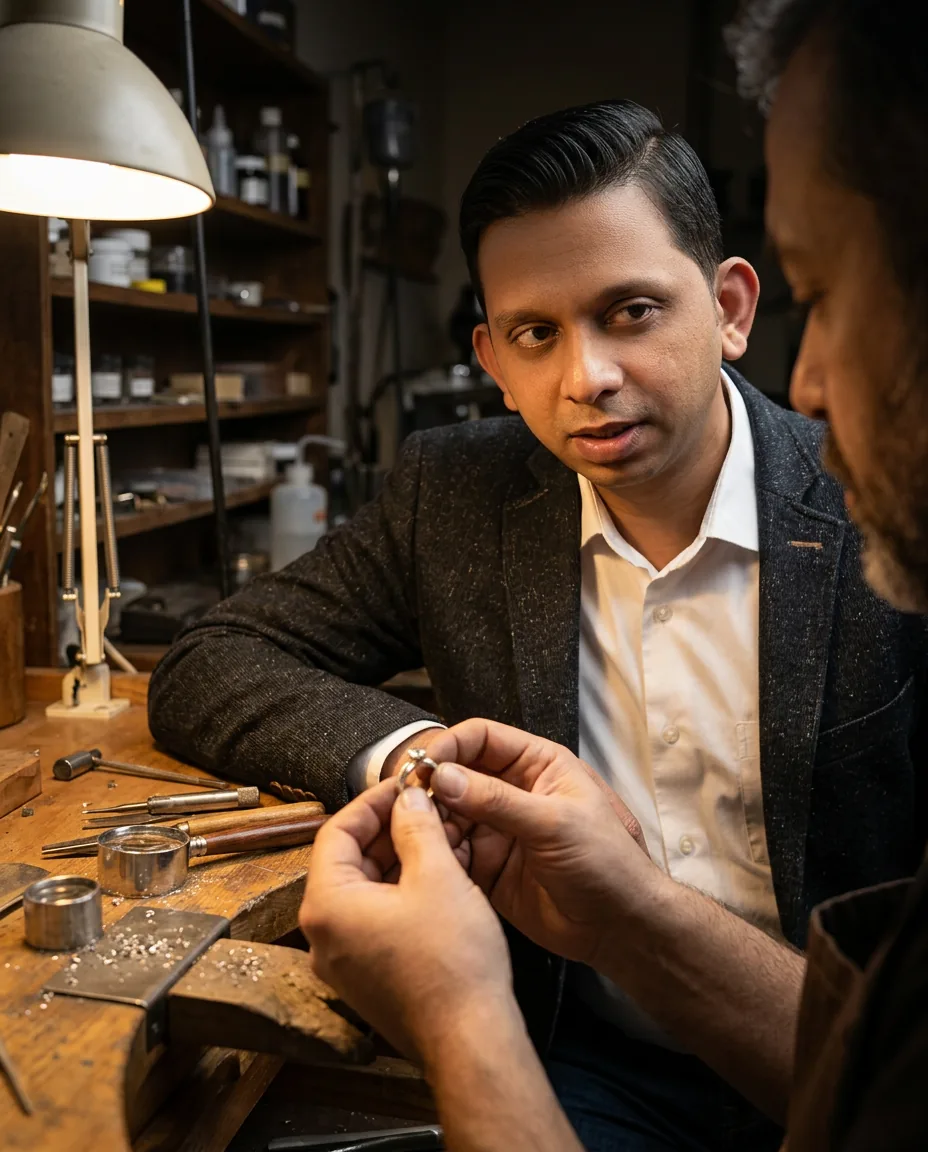 Discussing a silver ring design with a craftsman at the bench