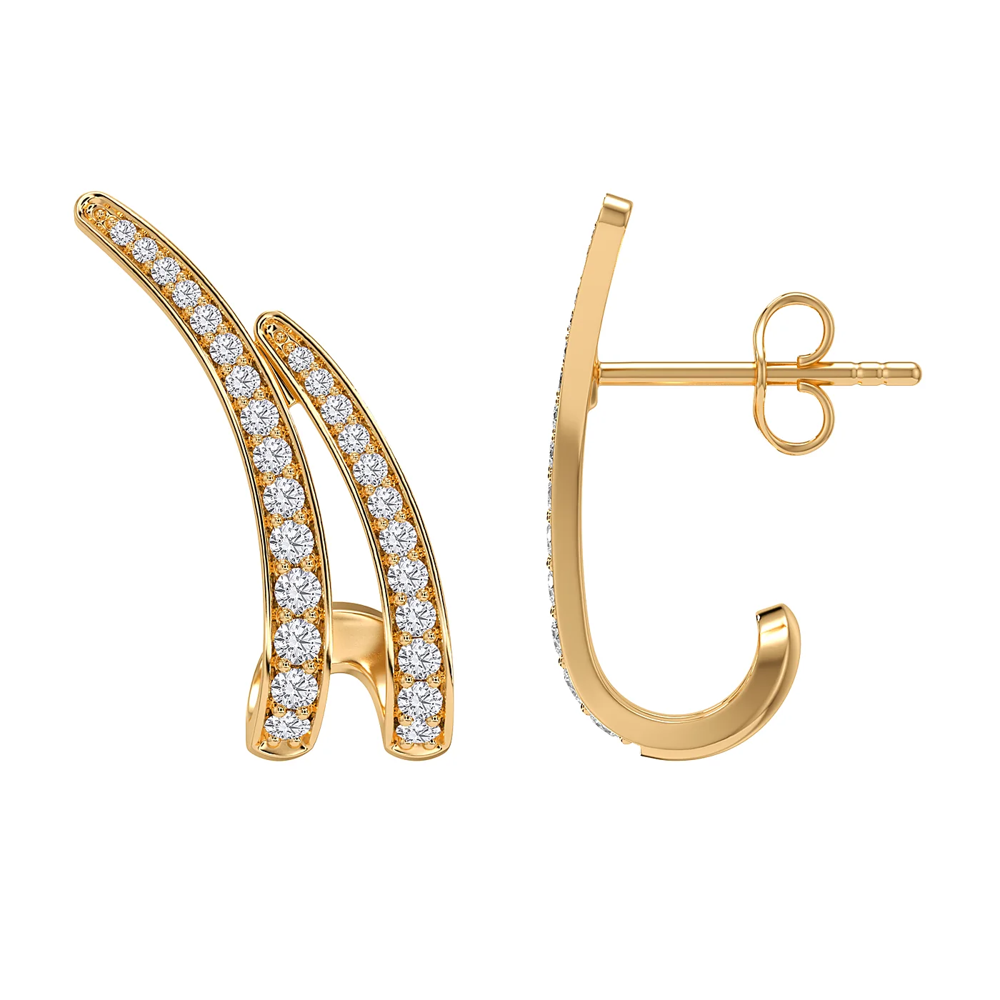 Twin line J-hoop earrings in yellow gold, second angle