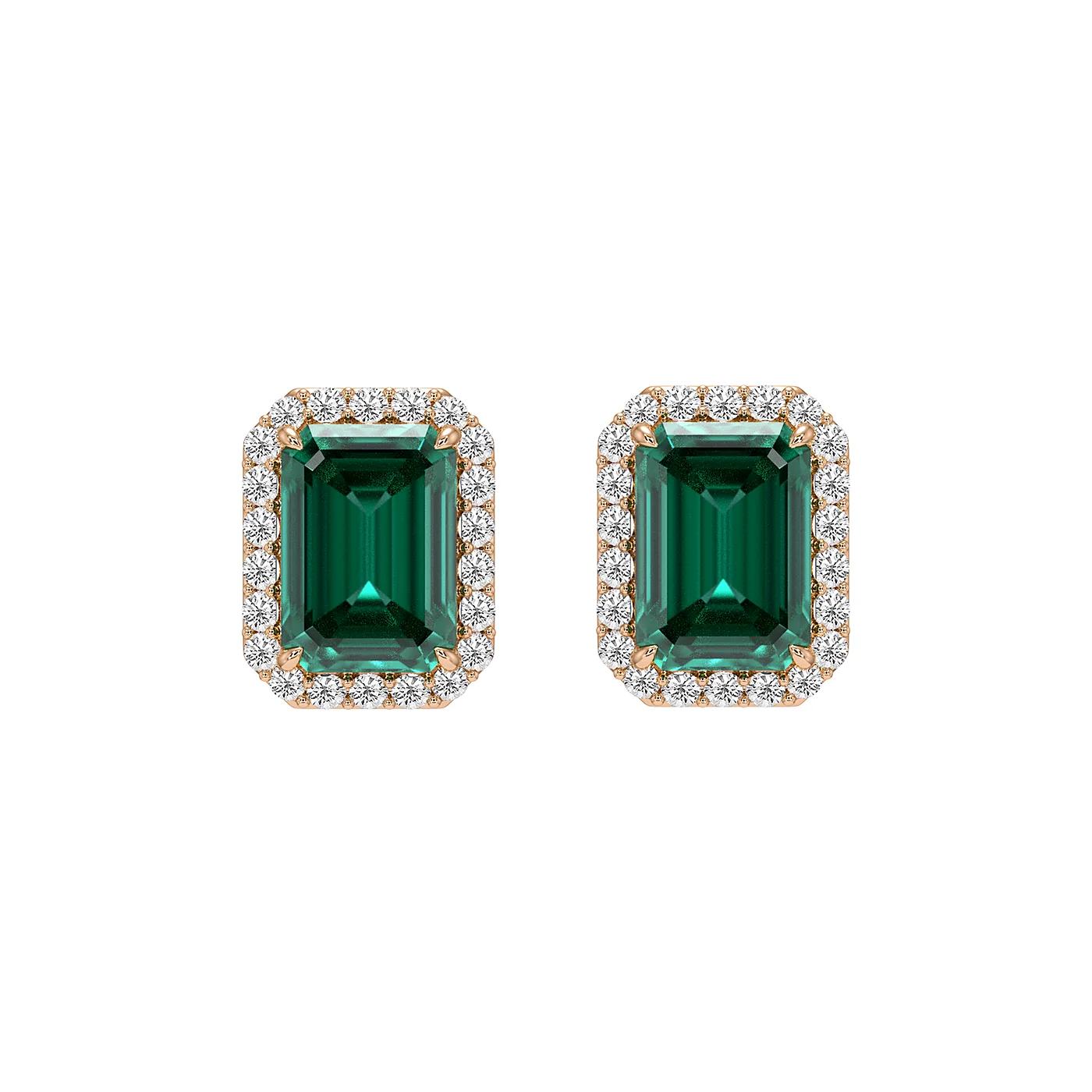 Emerald Cut Halo Studs rendered in Rose gold