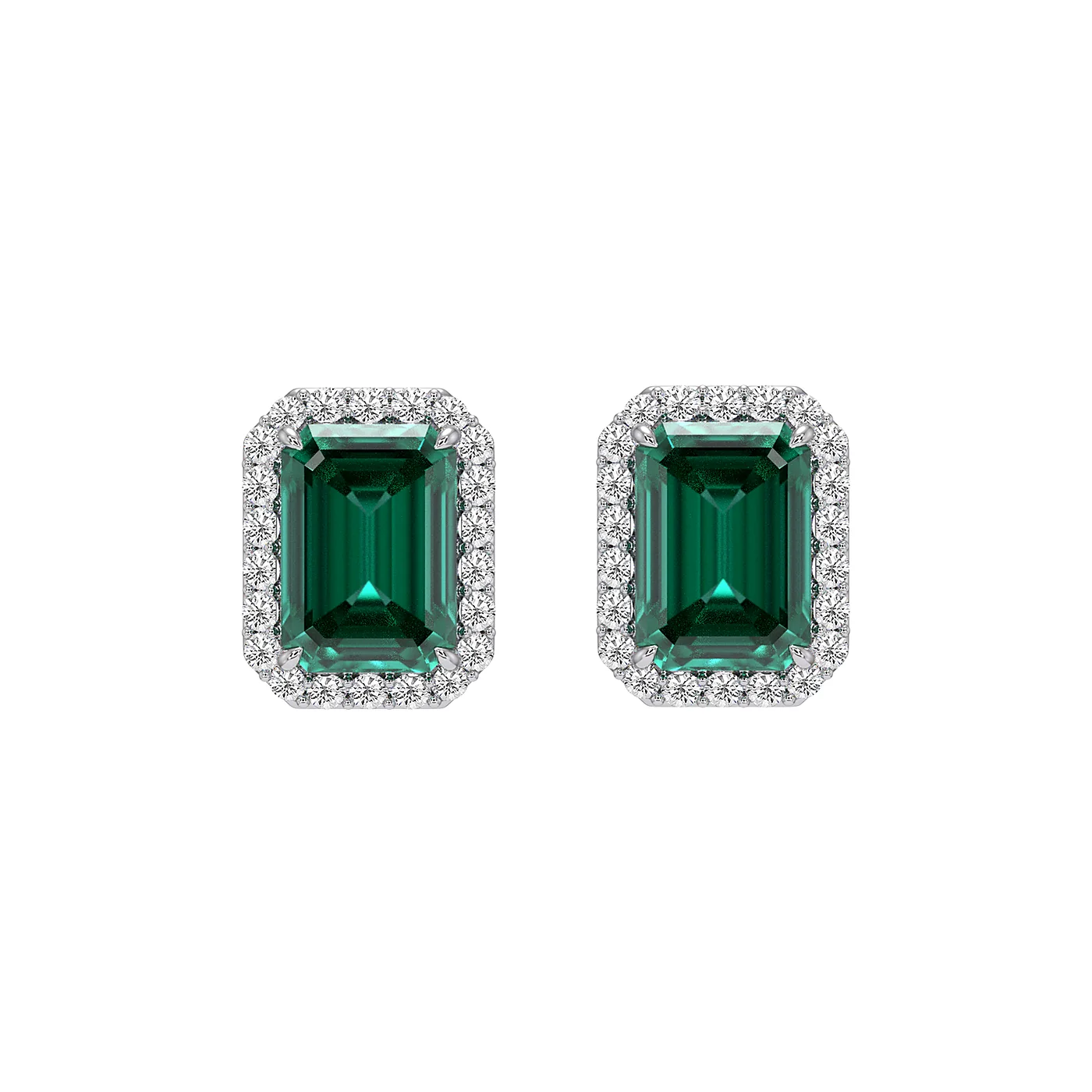Emerald Cut Halo Studs rendered in White gold