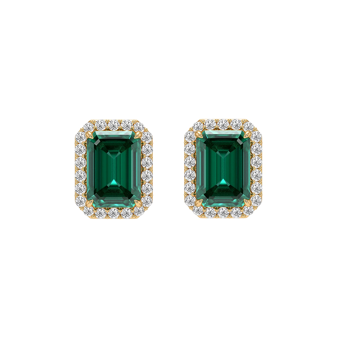 Emerald cut halo stud earrings in yellow gold, front view
