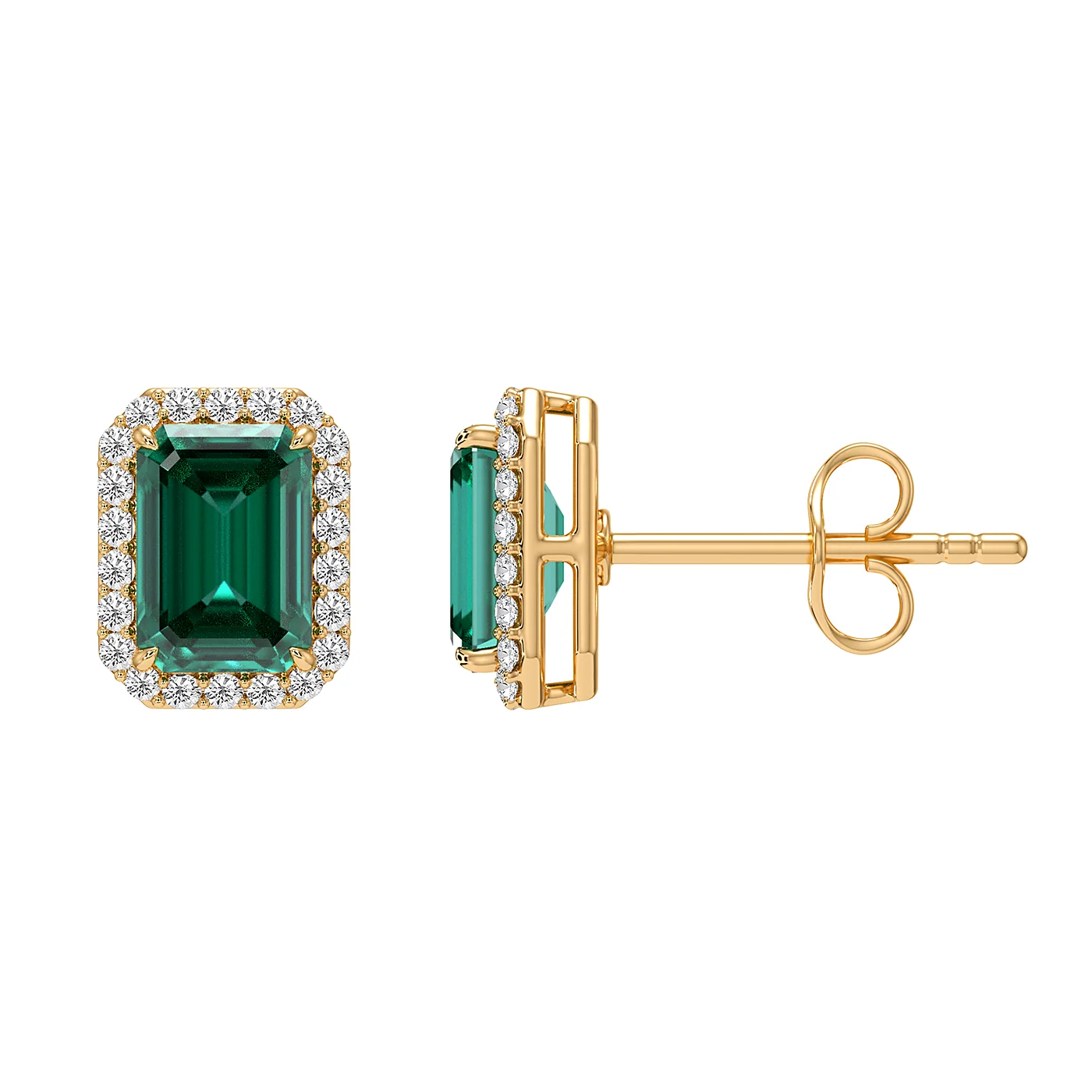 Emerald cut halo stud earrings in yellow gold, second angle
