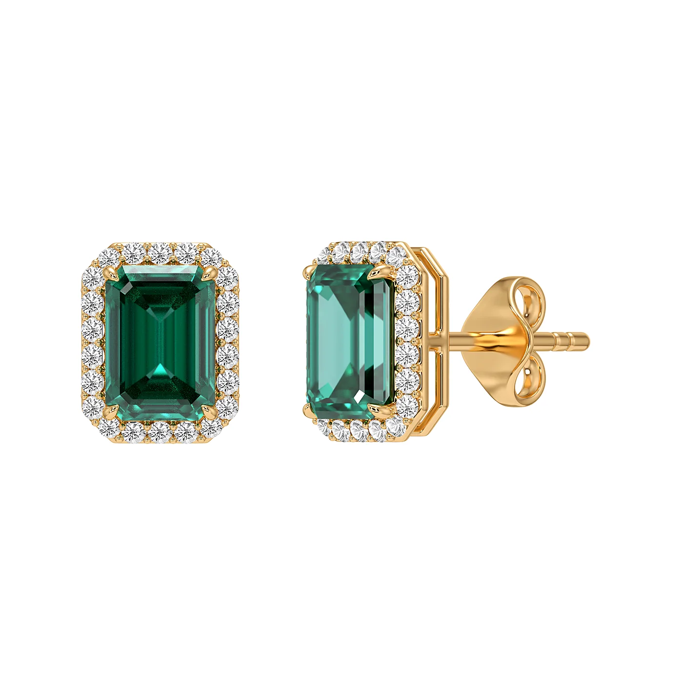 Emerald cut halo stud earrings in yellow gold, side view