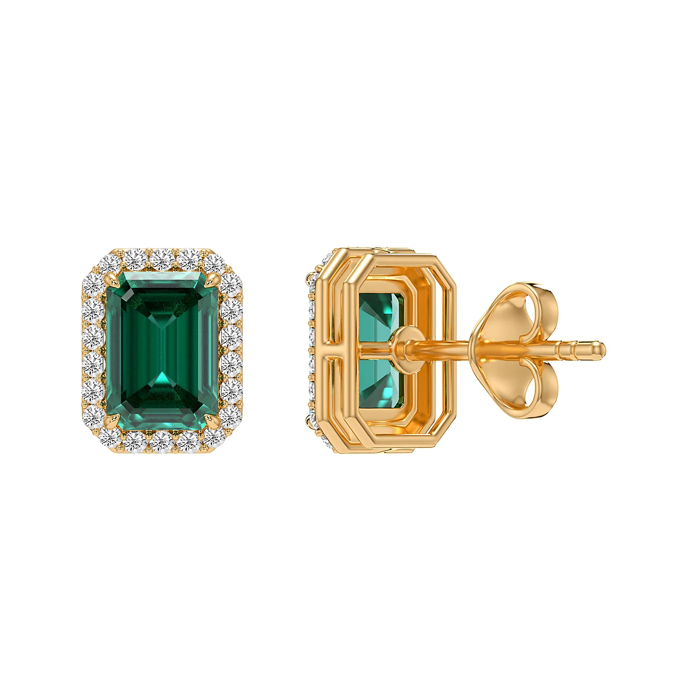 Emerald cut halo stud earrings in yellow gold, detail view