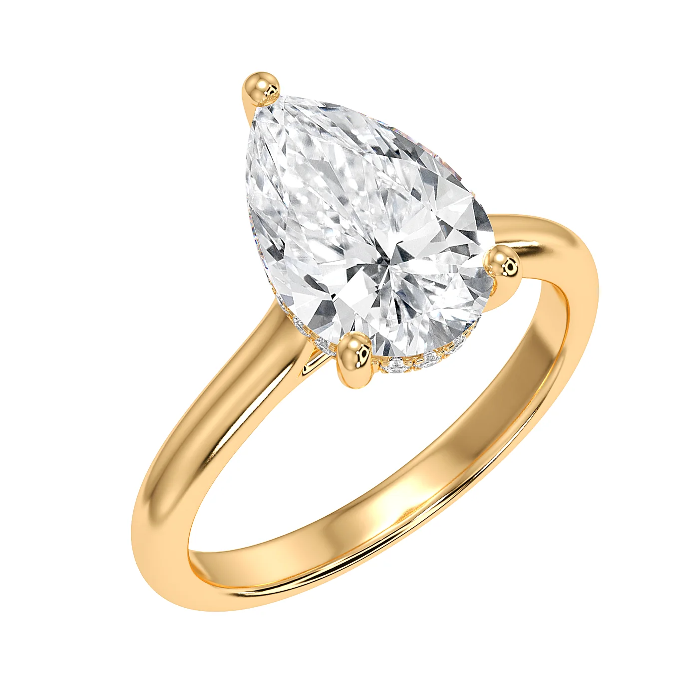 Pear solitaire ring in yellow gold, front view