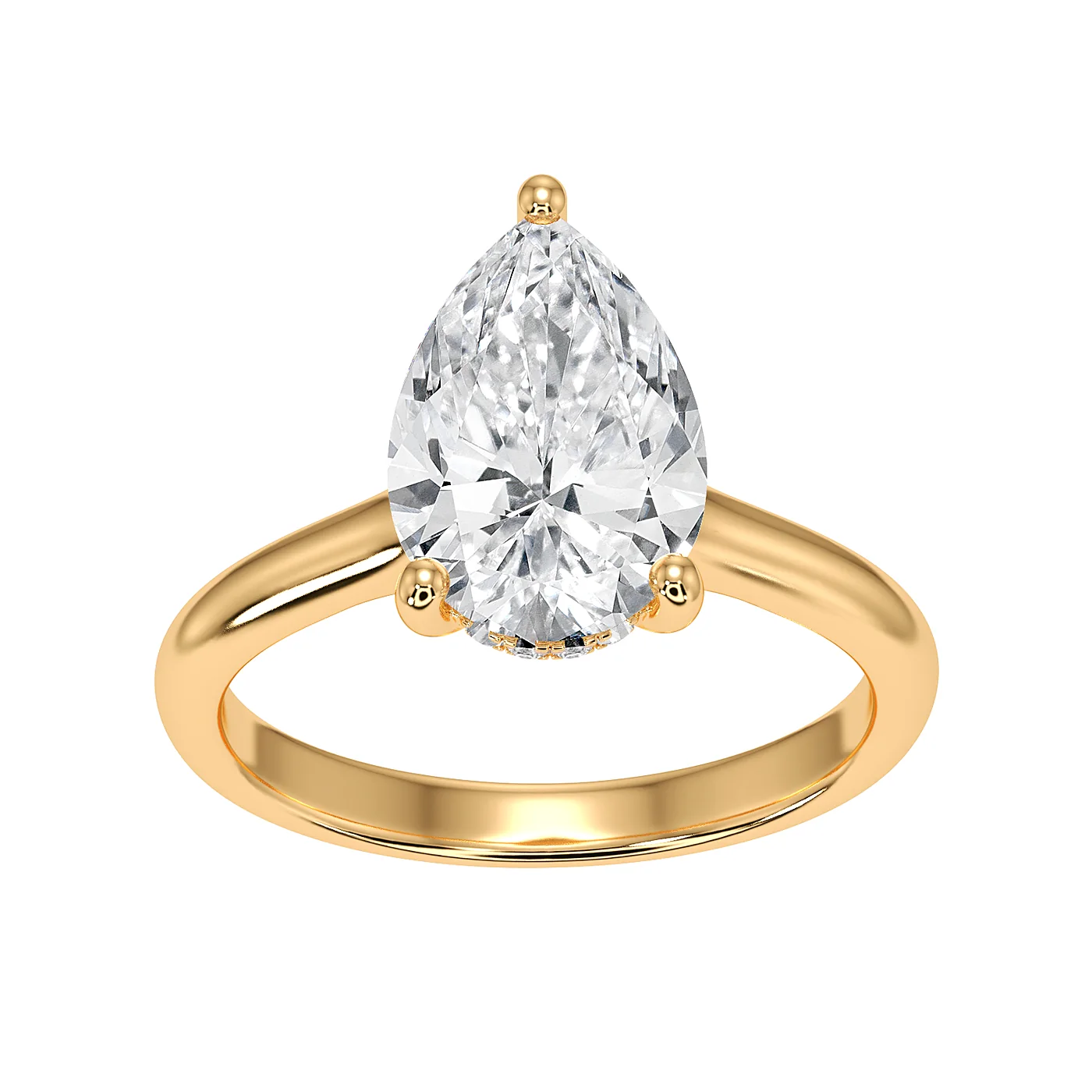 Pear solitaire ring in yellow gold, detail view