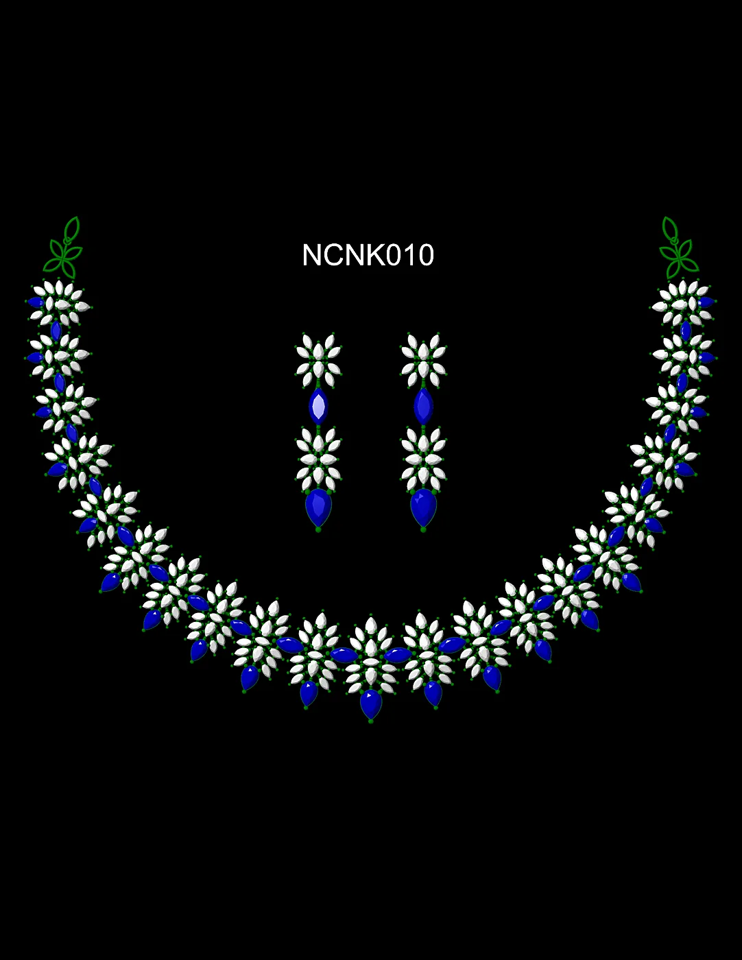 Floral necklace and earring set CAD presentation on black