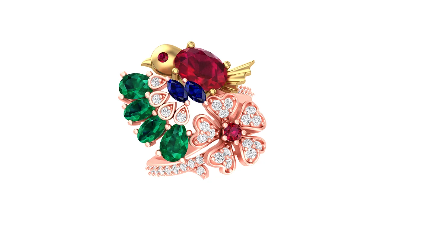 Floral cluster ring with ruby, emerald and pink stones