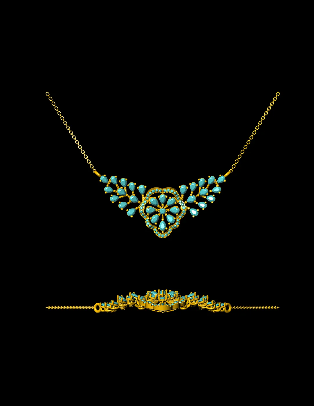 Turquoise leaf chain necklace CAD presentation on black