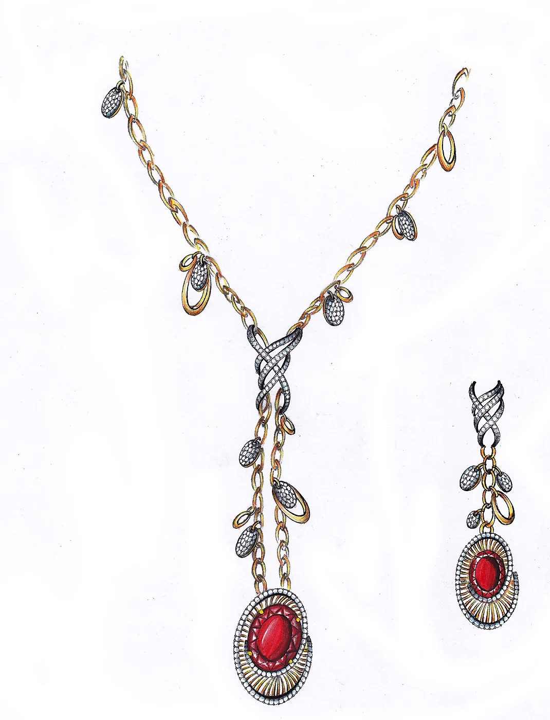 Hand rendered ruby drop necklace and earrings